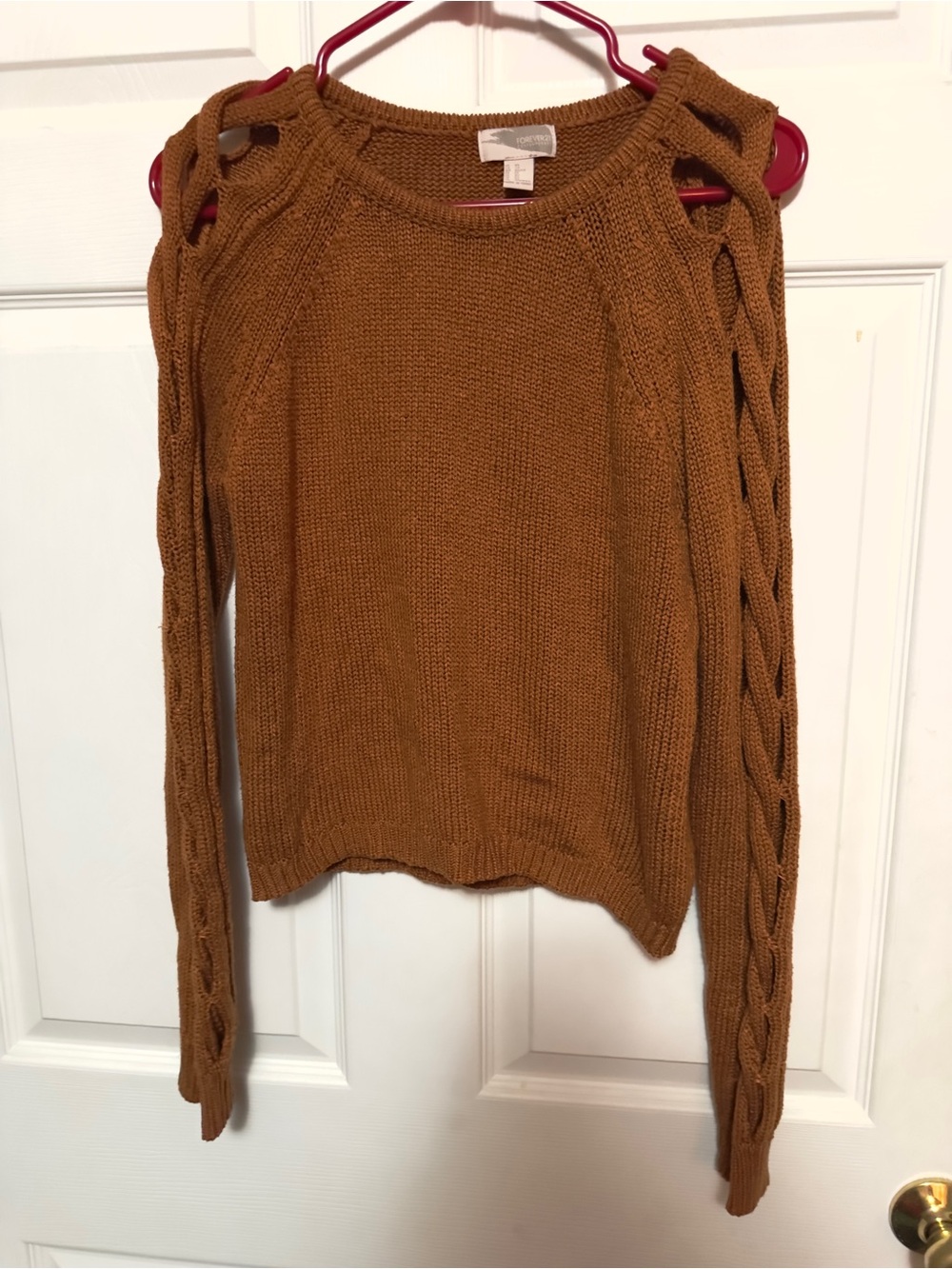 Forever 21 Camel Open-Shoulder Cable Knit Sweater